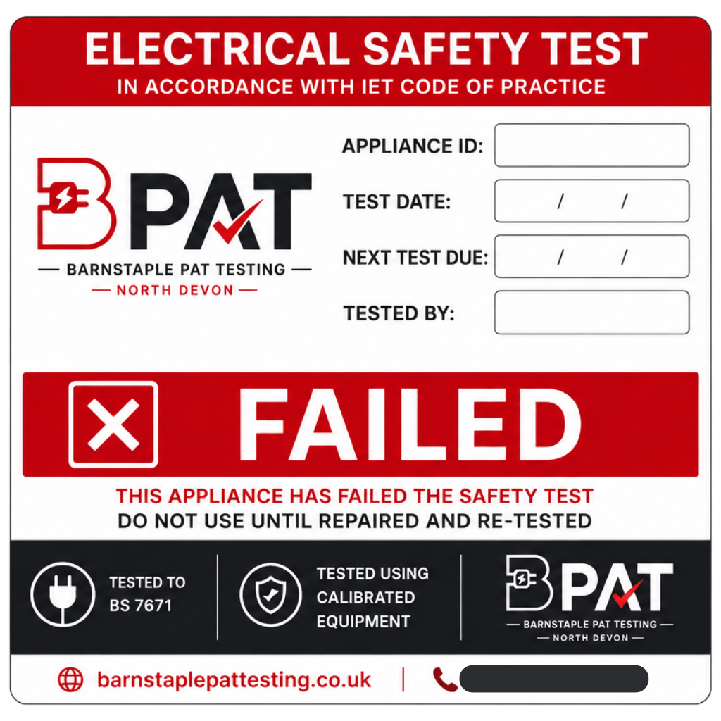 BPAT FAILED electrical safety test label reading do not use until repaired and re-tested
