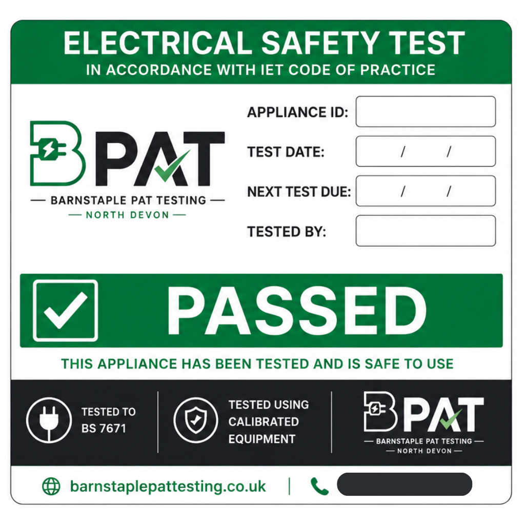 BPAT PASSED electrical safety test label, showing appliance ID, test date, next test due and tested by fields